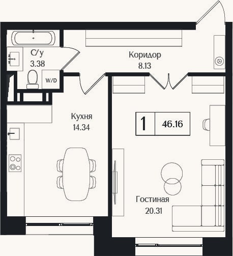 Планировка: 1-к, 46,2 м²