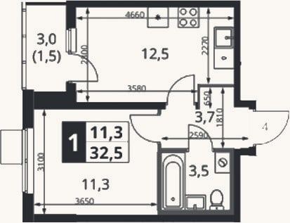 Планировка: 1-к, 31 м²