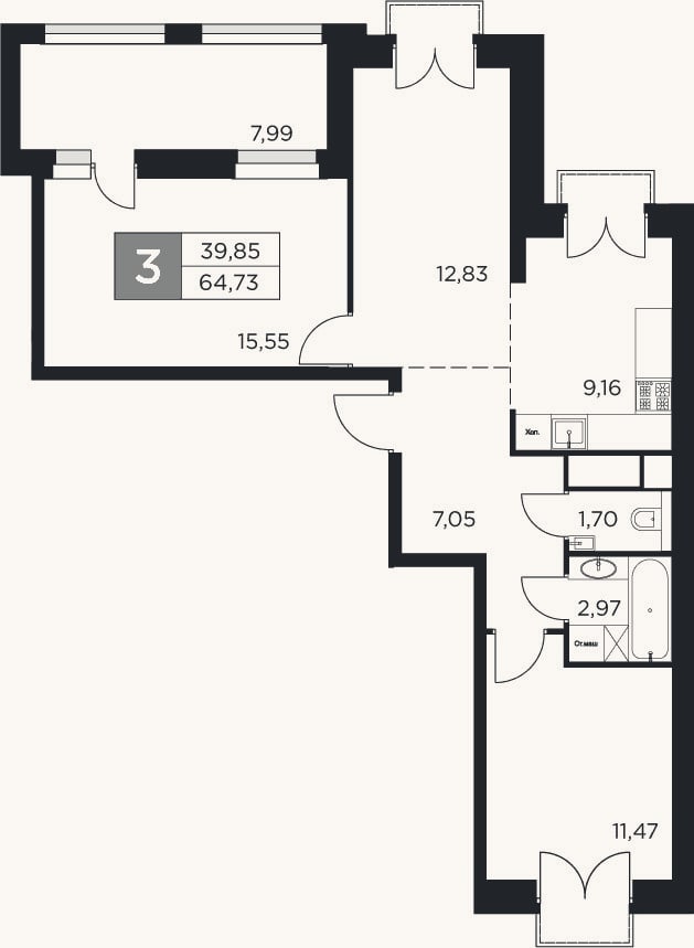 Планировка: 3-к, 60,7 м²