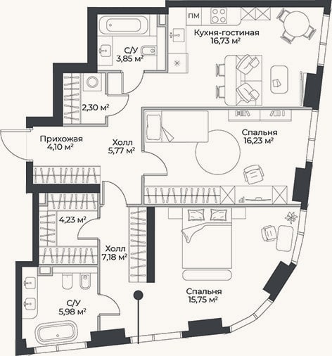 Планировка: 3-к, 82,1 м²