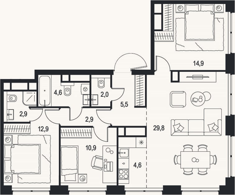 Планировка: 4+ к, 91 м²