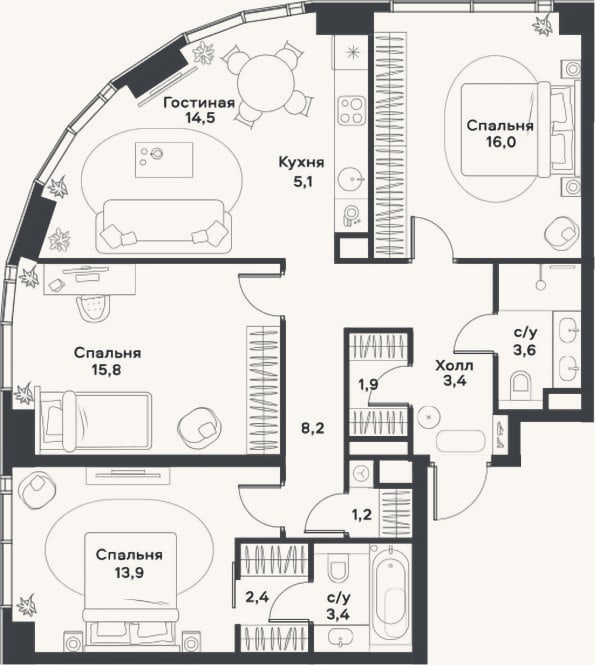 Планировка: 4+ к, 89,4 м²