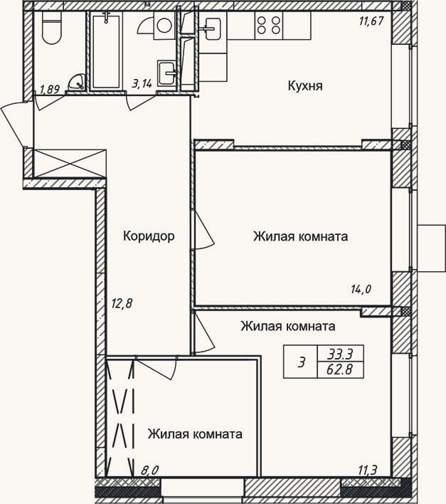 Планировка: 3-к, 62,8 м²
