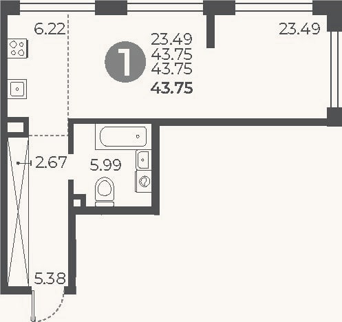 Планировка: Студия, 43,8 м²