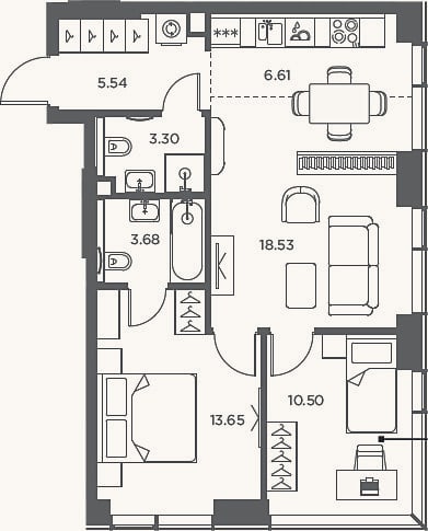 Планировка: 3-к, 61,8 м²