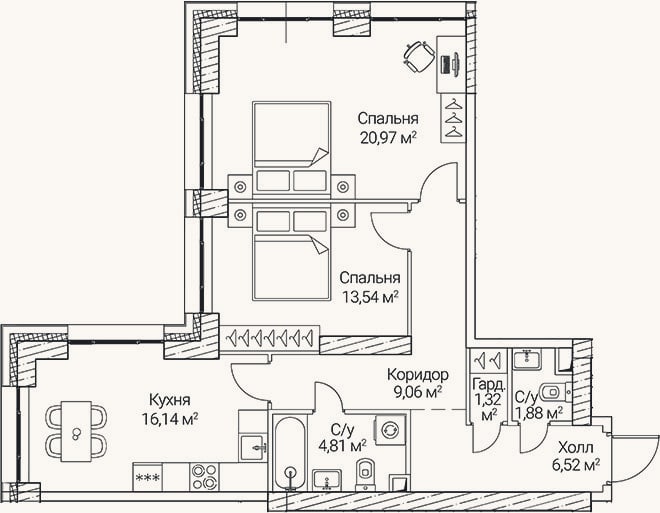 Планировка: 3-к, 74,2 м²
