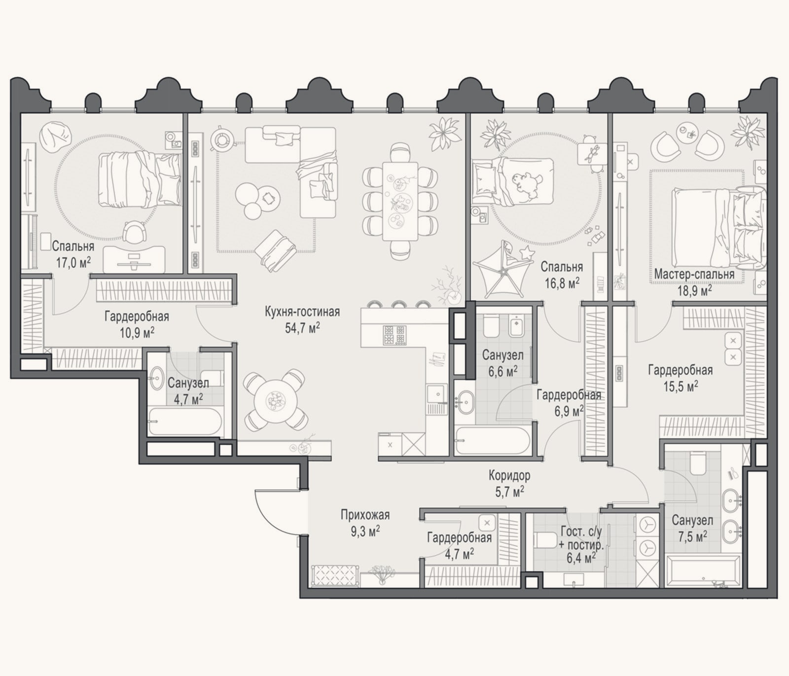 Планировка: 4+ к, 187,3 м²