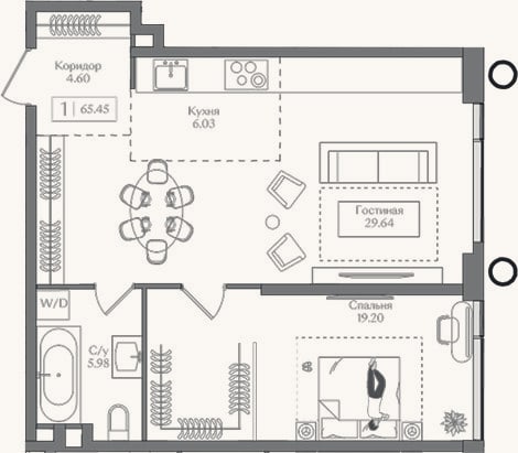 Планировка: 2-к, 65,5 м²