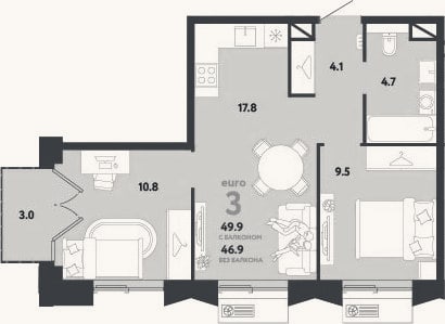 Планировка: 3-к, 46,9 м²
