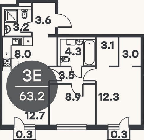 Планировка: 3-к, 62,6 м²