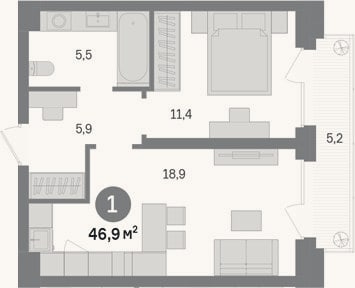 Планировка: 1-к, 41,7 м²