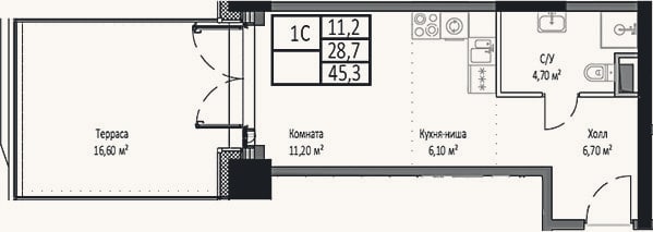 Планировка: Студия, 28,7 м²