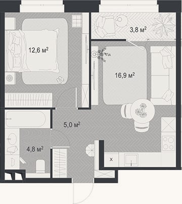 Планировка: 2-к, 39,3 м²