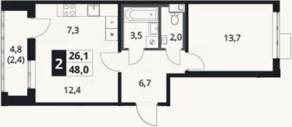 Планировка: 2-к, 45,6 м²