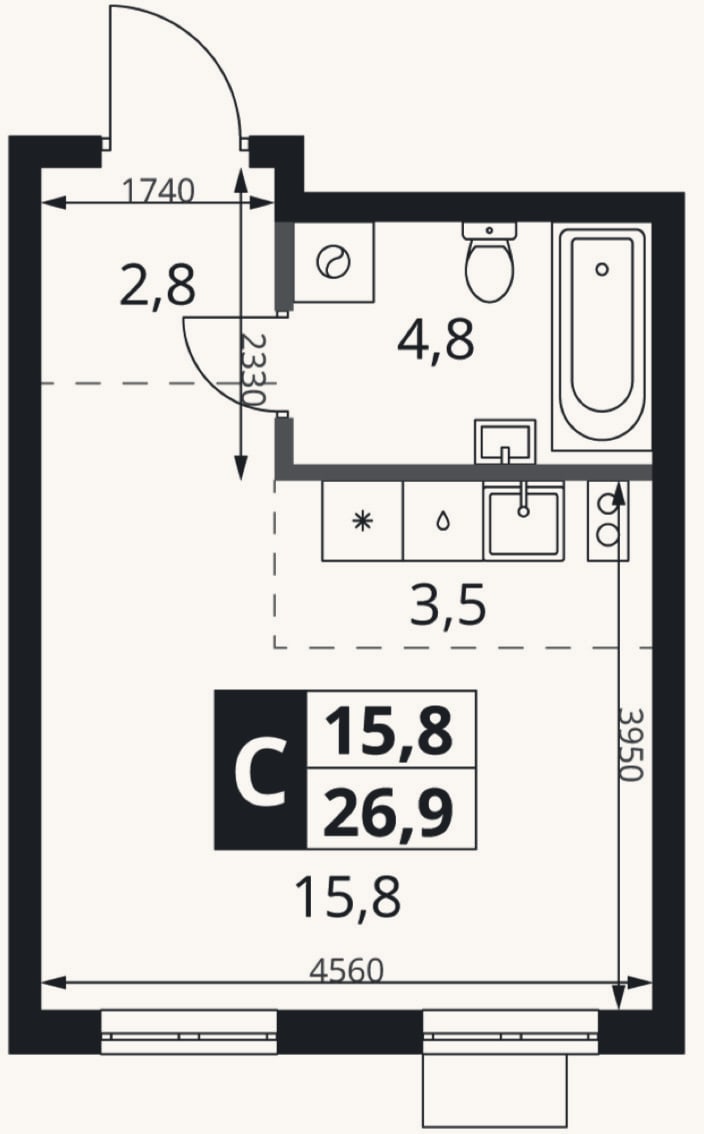 Планировка: Студия, 26,9 м²