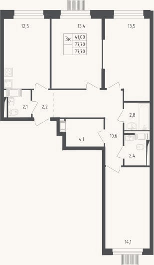 Планировка: 3-к, 77,7 м²