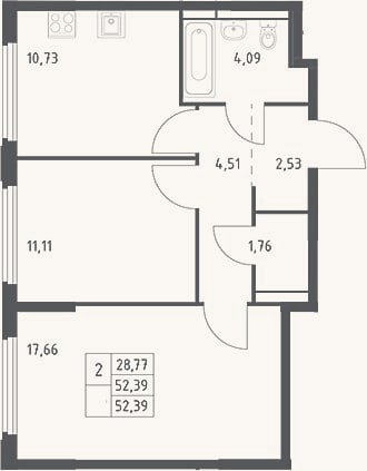 Планировка: 2-к, 52,4 м²