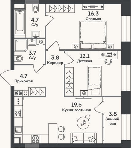 Планировка: 3-к, 64,8 м²