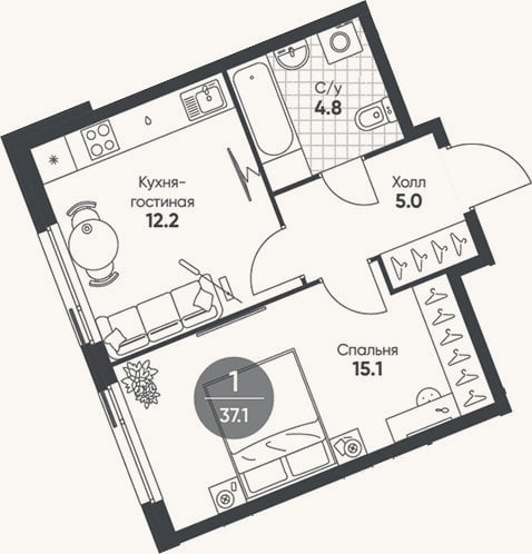 Планировка: 2-к, 37,1 м²