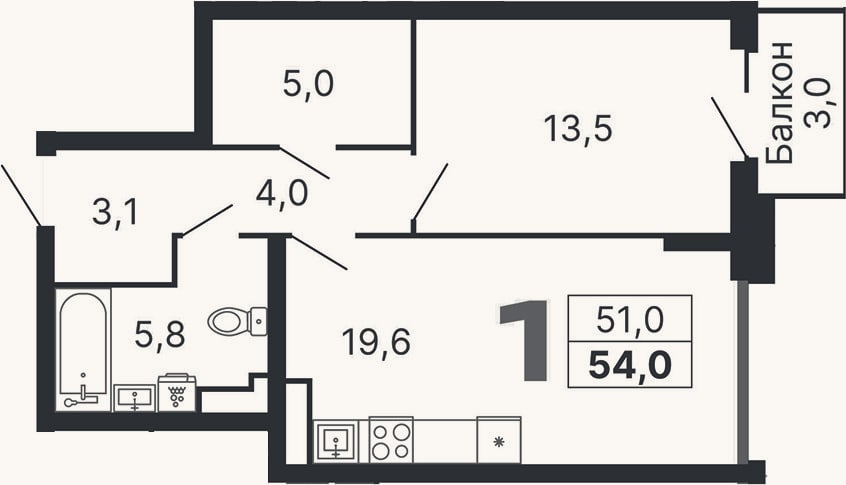 Планировка: 2-к, 51 м²