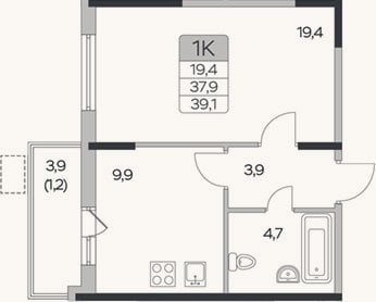 Планировка: 1-к, 37,9 м²