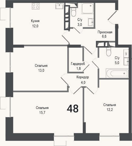 Планировка: 3-к, 73,3 м²