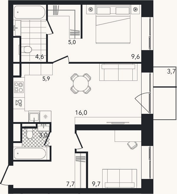 Планировка: 3-к, 61,3 м²