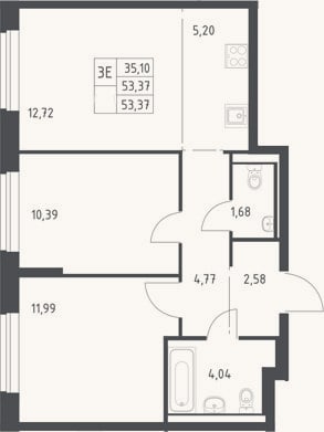 Планировка: 3-к, 53,4 м²