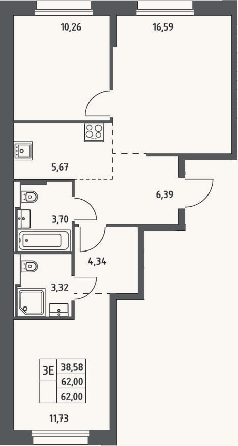Планировка: 3-к, 62 м²