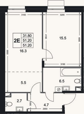 Планировка: 2-к, 51,2 м²