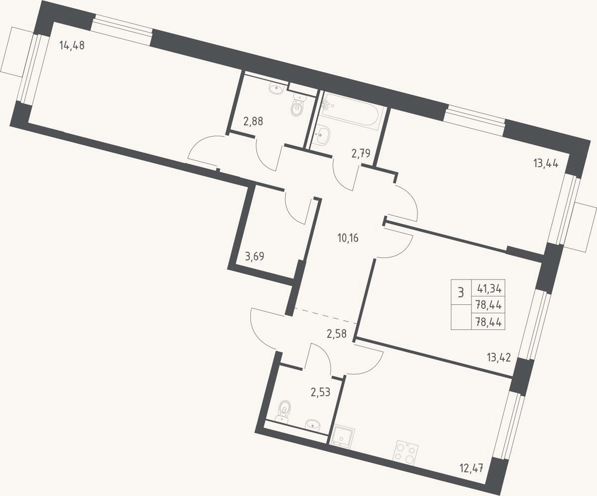 Планировка: 3-к, 78,4 м²