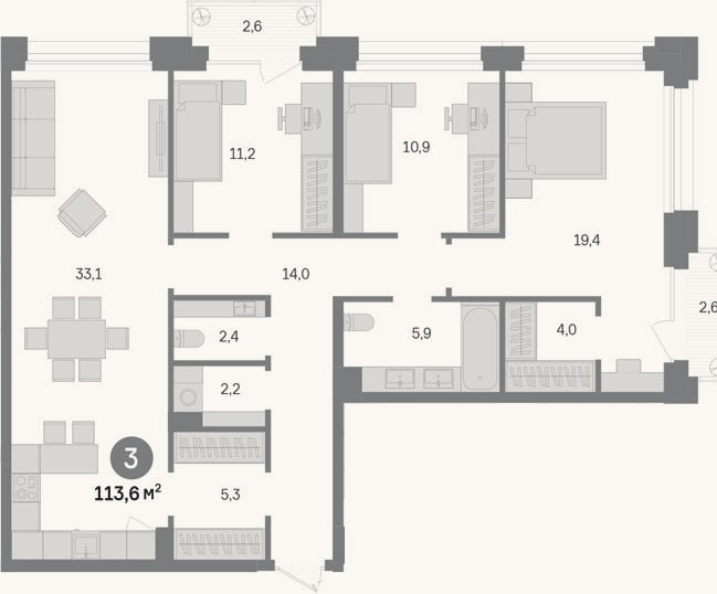 Планировка: 3-к, 108,4 м²