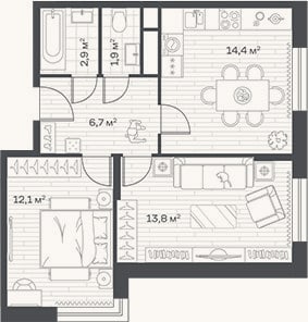 Планировка: 2-к, 51,8 м²