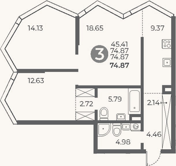 Планировка: 2-к, 74,9 м²