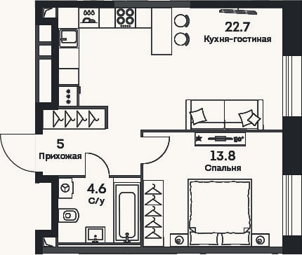 Планировка: 2-к, 46,1 м²