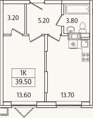 Планировка: 1-к, 39,5 м²