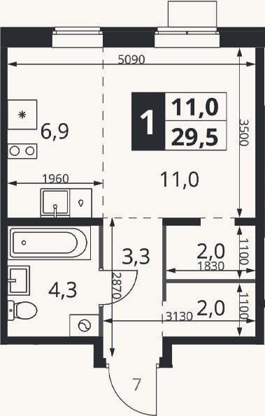 Планировка: Студия, 29,5 м²