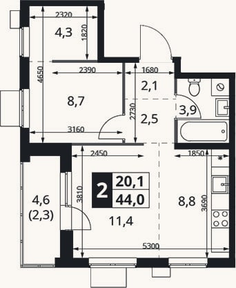 Планировка: 2-к, 41,7 м²