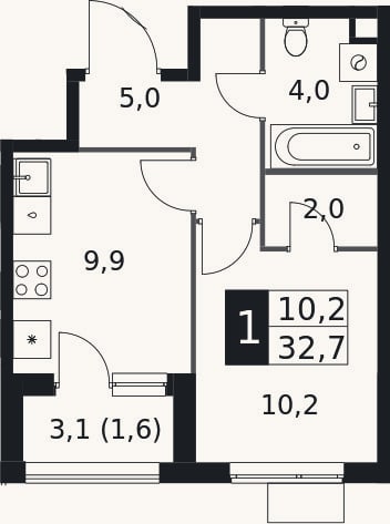 Планировка: 1-к, 31,1 м²