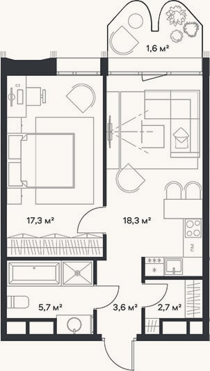 Планировка: 2-к, 47,6 м²