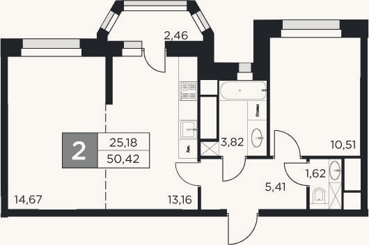 Планировка: 2-к, 49,2 м²