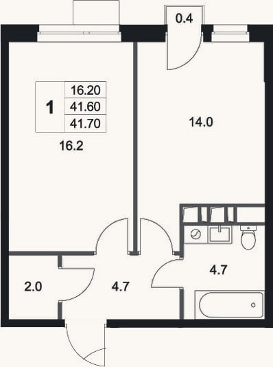 Планировка: 1-к, 41,6 м²