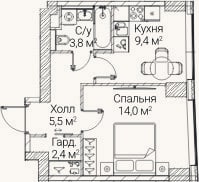 Планировка: 1-к, 35 м²