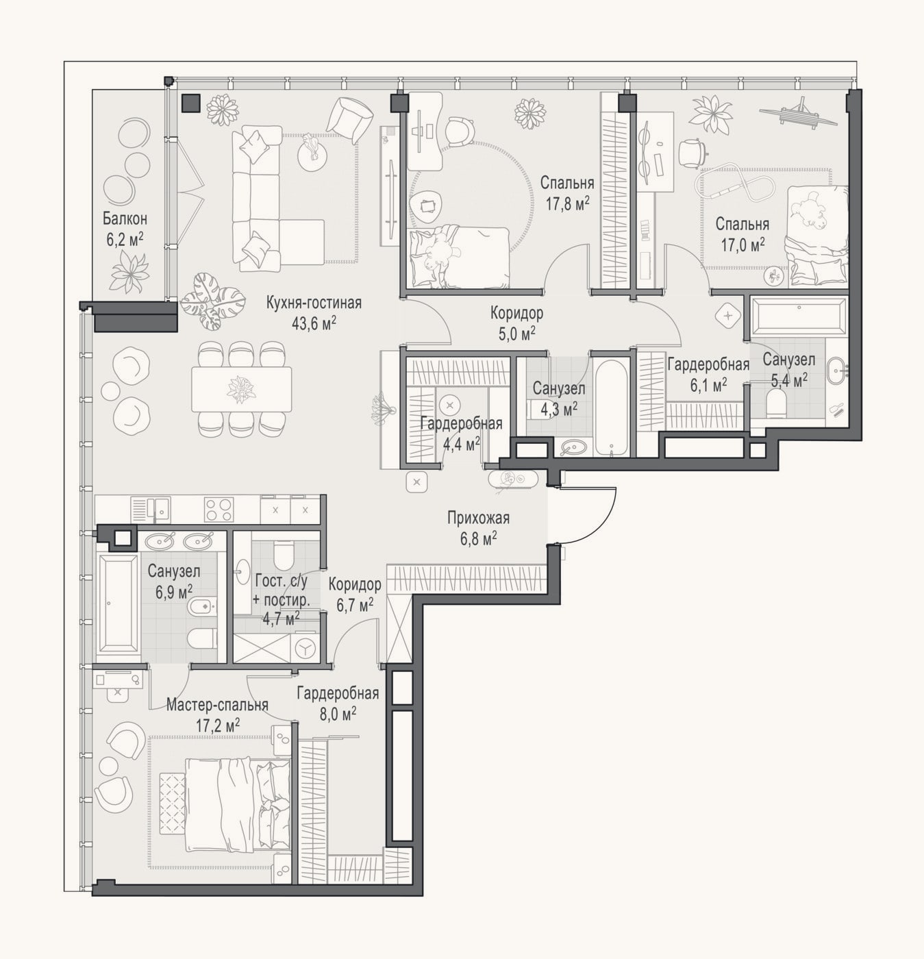 Планировка: 4+ к, 156,5 м²