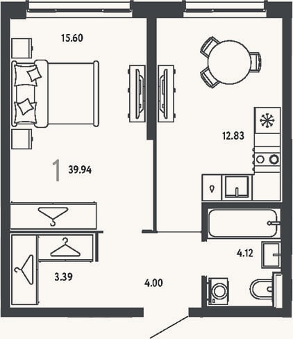 Планировка: 1-к, 39,9 м²