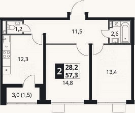 Планировка: 2-к, 55,8 м²