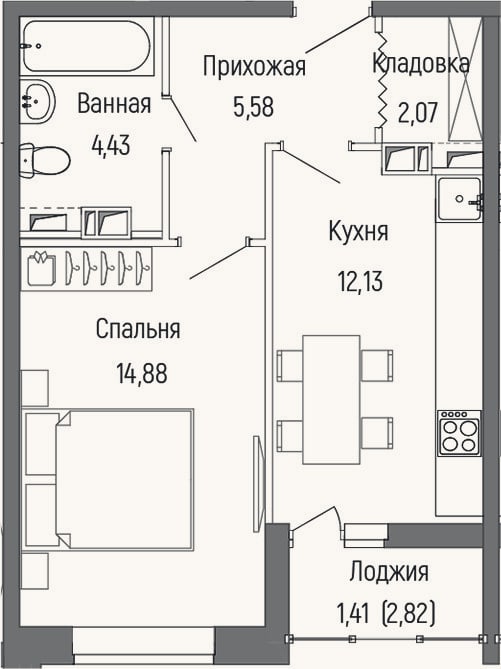 Планировка: 1-к, 39,1 м²