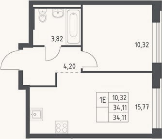 Планировка: 2-к, 34,1 м²
