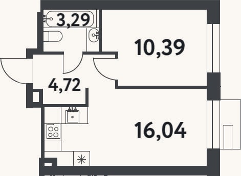 Планировка: 1-к, 34,4 м²