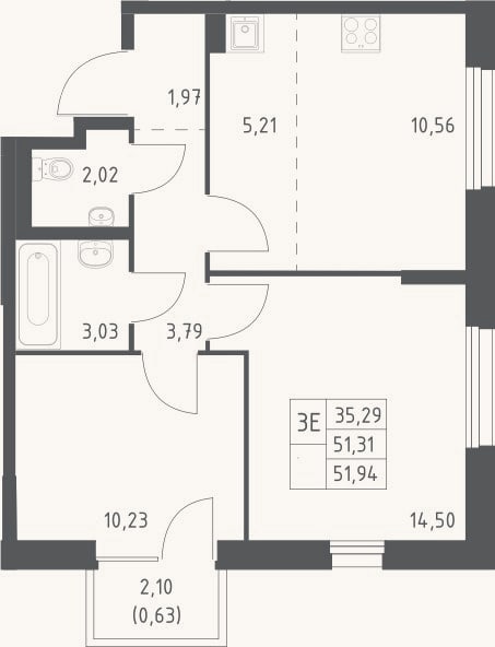 Планировка: 3-к, 51,3 м²